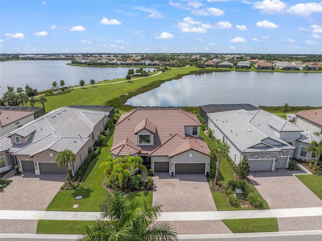 drone / aerial view with a water view