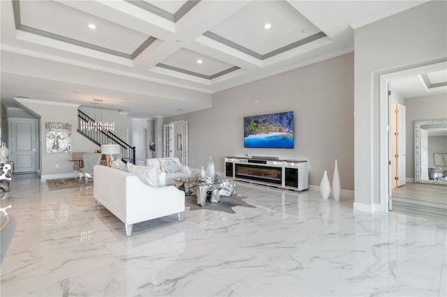 living room with beam ceiling, ornamental molding, and coffered ceiling