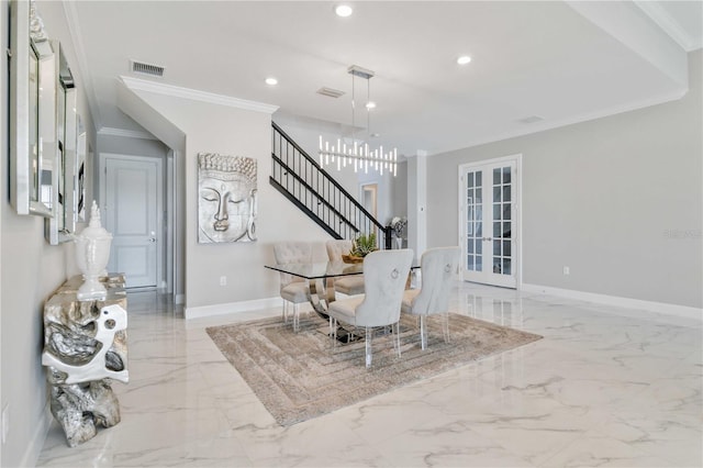 dining space featuring french doors and ornamental molding