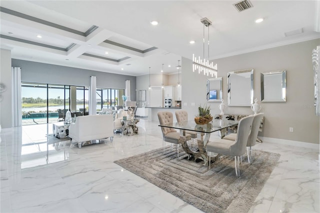 dining room with beamed ceiling, ornamental molding, coffered ceiling, and a high ceiling