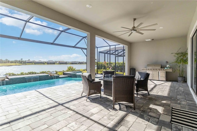 view of patio featuring ceiling fan, a pool with hot tub, a water view, and glass enclosure