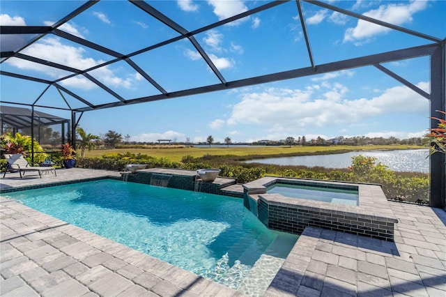 view of pool with a lanai, a water view, an in ground hot tub, and a patio