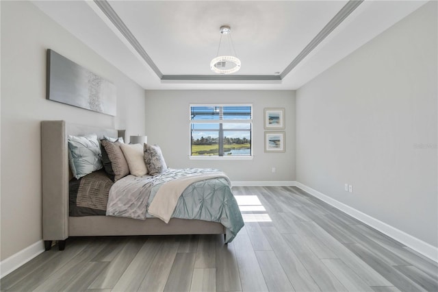 bedroom with a raised ceiling and light hardwood / wood-style floors