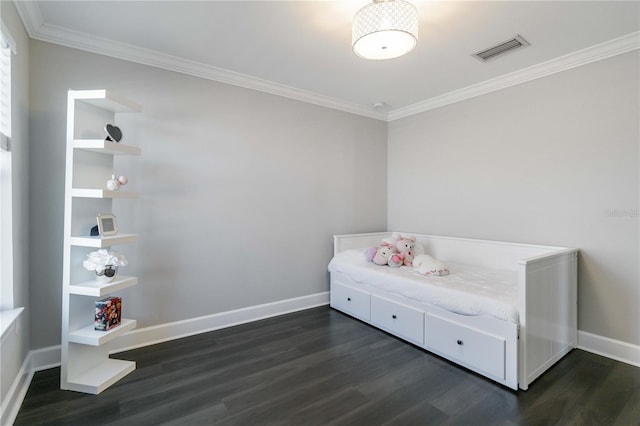 living area featuring dark hardwood / wood-style flooring and ornamental molding