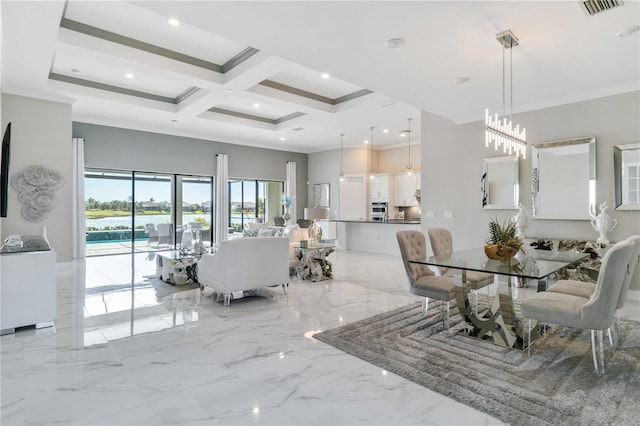 dining area featuring beamed ceiling, a towering ceiling, ornamental molding, and coffered ceiling