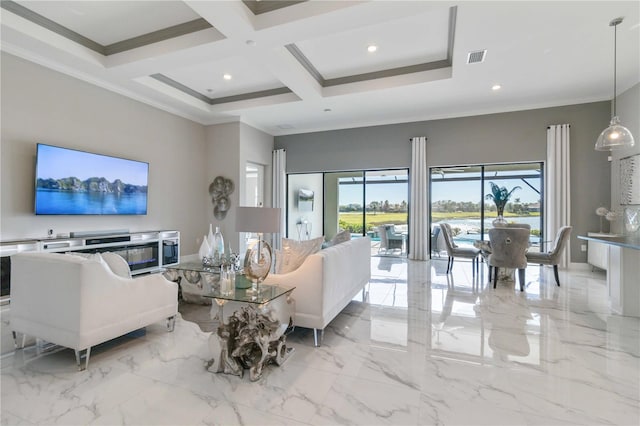 living room featuring beam ceiling, crown molding, a high ceiling, and coffered ceiling