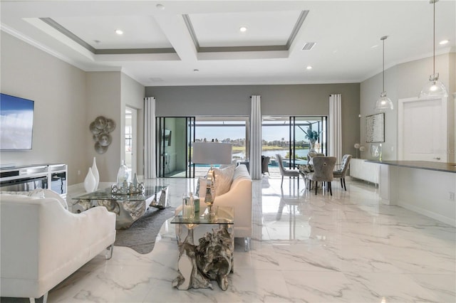 living room with a water view, ornamental molding, and coffered ceiling