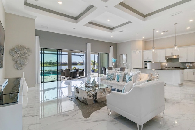 living room featuring beam ceiling, coffered ceiling, crown molding, a towering ceiling, and a water view