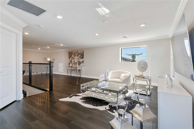 living room featuring ornamental molding and dark wood-type flooring