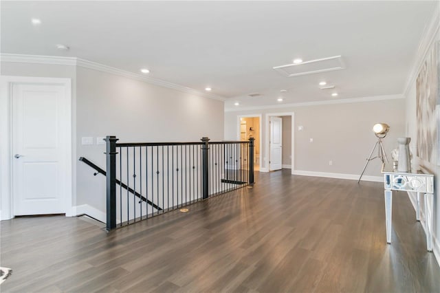 unfurnished room with dark hardwood / wood-style floors and ornamental molding