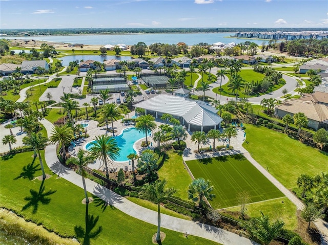 bird's eye view featuring a water view