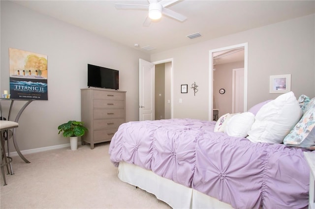 bedroom with light colored carpet and ceiling fan