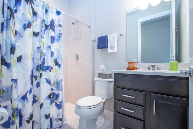 bathroom featuring tile patterned floors, walk in shower, toilet, and vanity