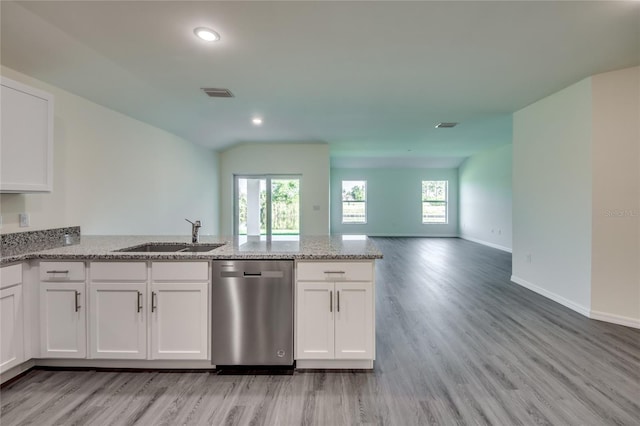 kitchen featuring white cabinets, visible vents, a sink, and stainless steel dishwasher