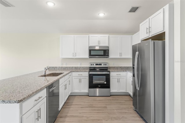 kitchen featuring white cabinets, stainless steel appliances, sink, kitchen peninsula, and light stone counters