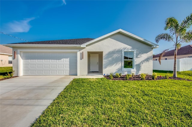 single story home with a garage and a front yard