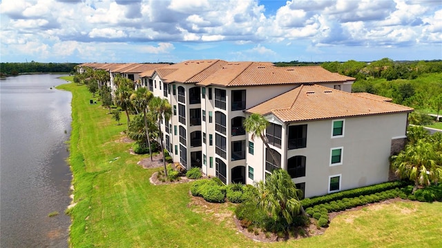 aerial view featuring a water view