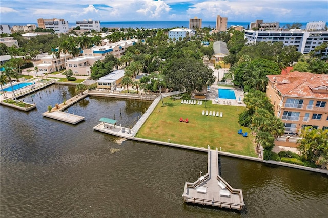 drone / aerial view with a water view