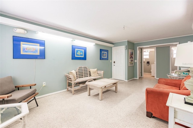 living room with crown molding