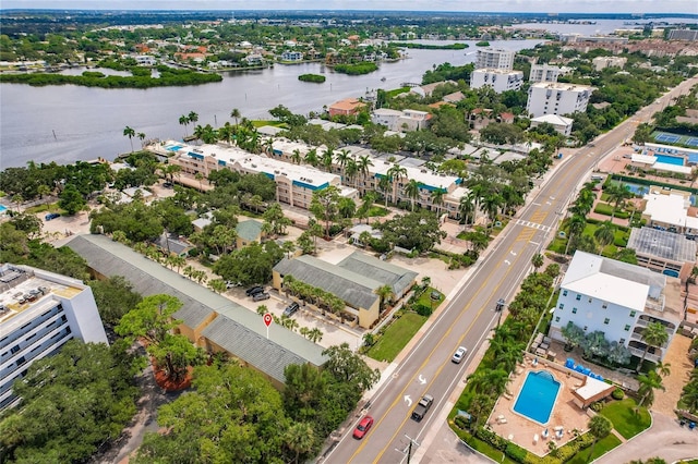 drone / aerial view featuring a water view