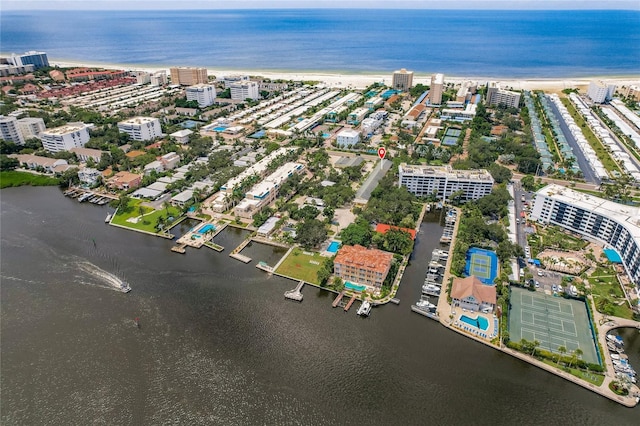 bird's eye view with a water view