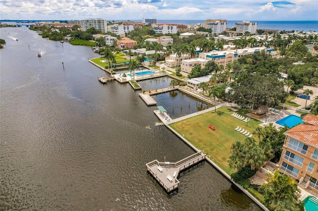 drone / aerial view with a water view