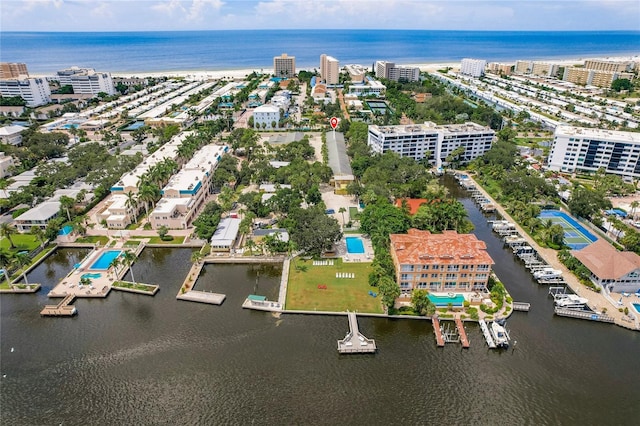 aerial view featuring a water view