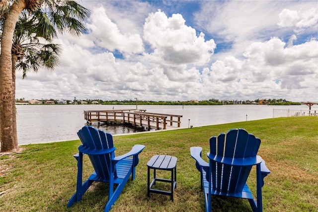 view of dock featuring a water view and a lawn