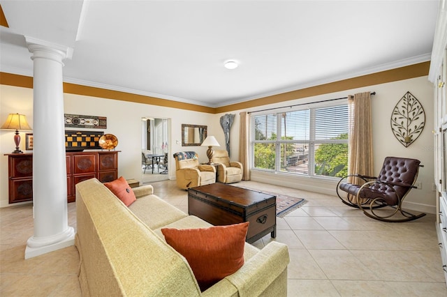 tiled living room with decorative columns and crown molding