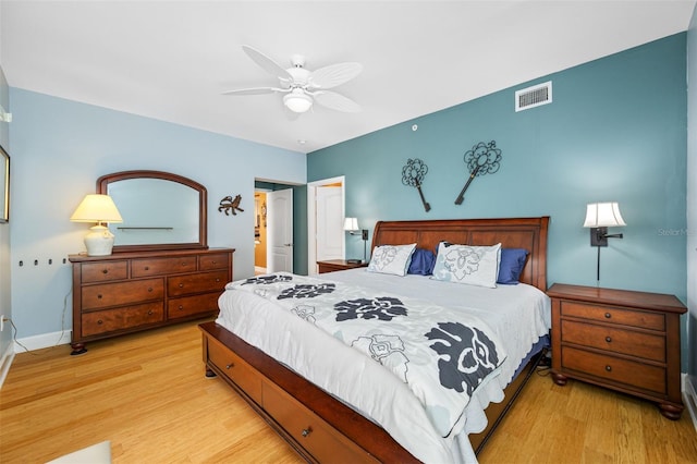 bedroom featuring light wood-type flooring and ceiling fan