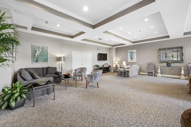 living room with coffered ceiling, ornamental molding, beamed ceiling, and carpet floors