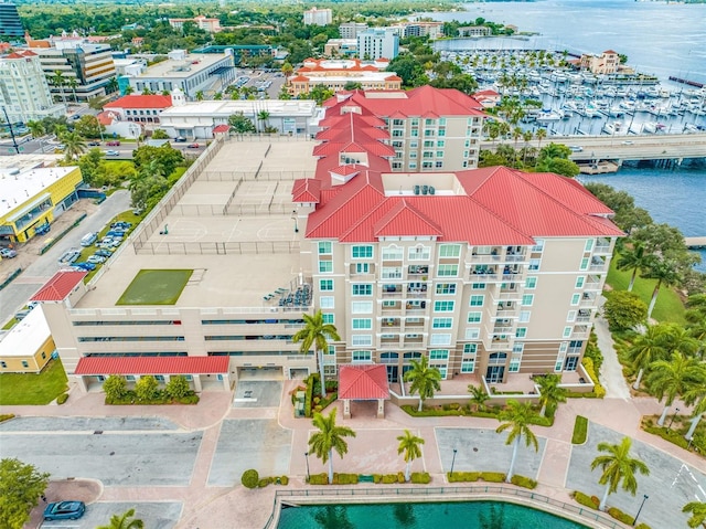 drone / aerial view with a water view