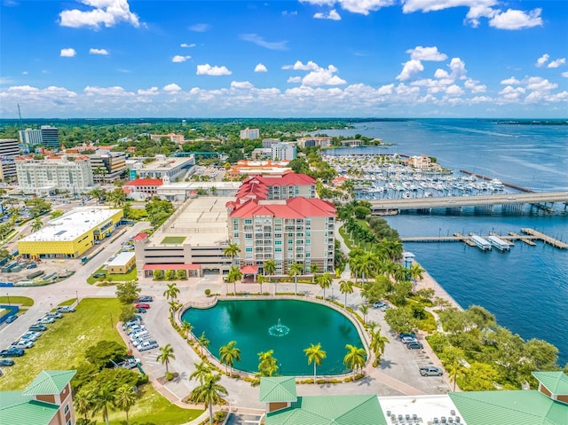 bird's eye view with a water view