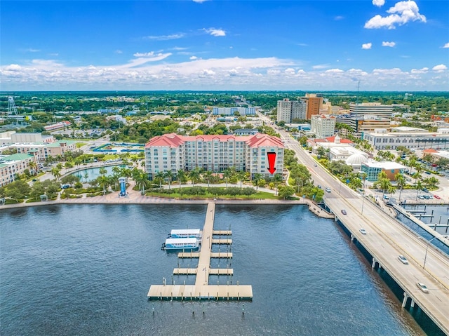 birds eye view of property featuring a water view