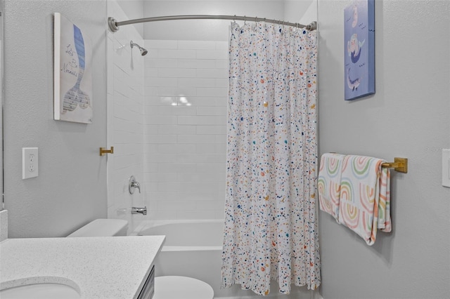 full bathroom with vanity, toilet, and shower / bathtub combination with curtain