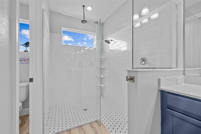 bathroom featuring walk in shower, toilet, hardwood / wood-style flooring, and vanity