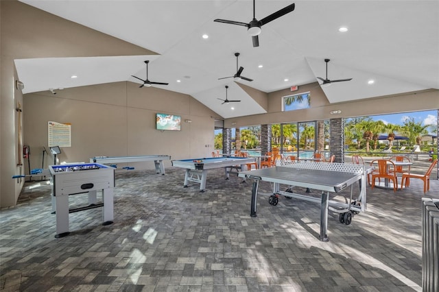 recreation room featuring high vaulted ceiling, billiards, and ceiling fan