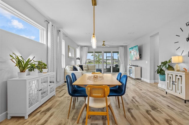 dining room featuring light wood-type flooring and ceiling fan