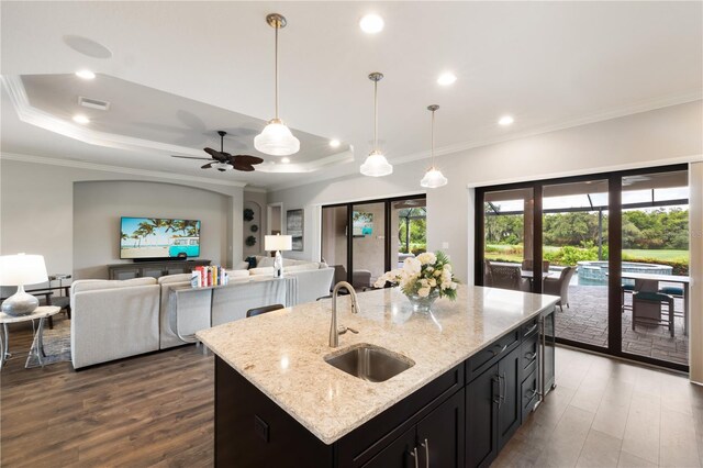 kitchen featuring a raised ceiling, a center island with sink, pendant lighting, dark wood-type flooring, and sink