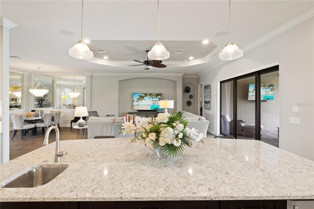 kitchen featuring a tray ceiling, a spacious island, decorative light fixtures, and sink