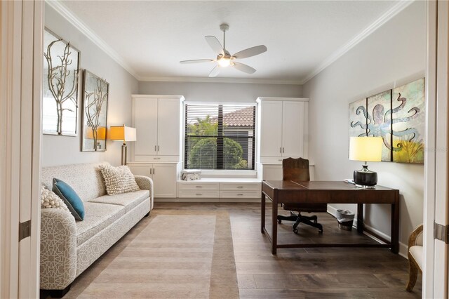 office area with crown molding, ceiling fan, and wood-type flooring