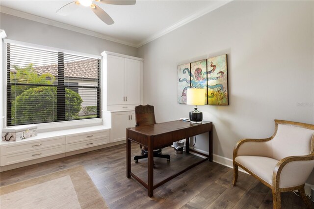 home office with dark wood-type flooring, ceiling fan, and ornamental molding