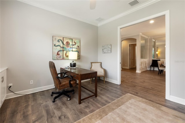 office space featuring hardwood / wood-style flooring and crown molding