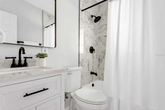 full bathroom with vanity, toilet, and shower / bath combination with curtain