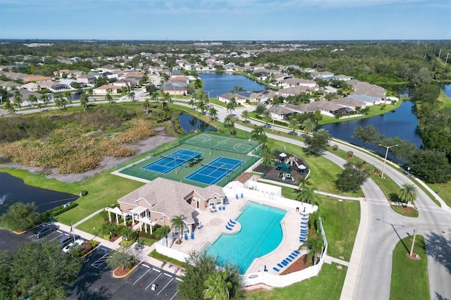 aerial view featuring a water view