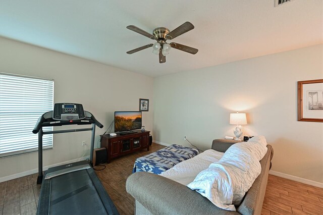 living room with ceiling fan and hardwood / wood-style flooring