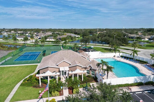 drone / aerial view featuring a water view