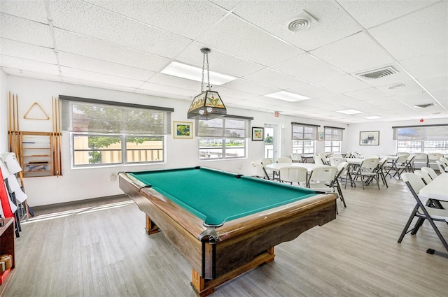 recreation room featuring a healthy amount of sunlight, a paneled ceiling, and pool table