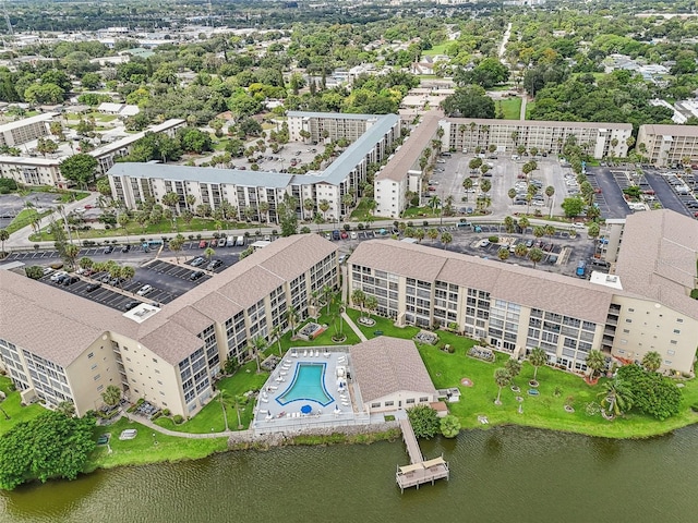 drone / aerial view with a water view