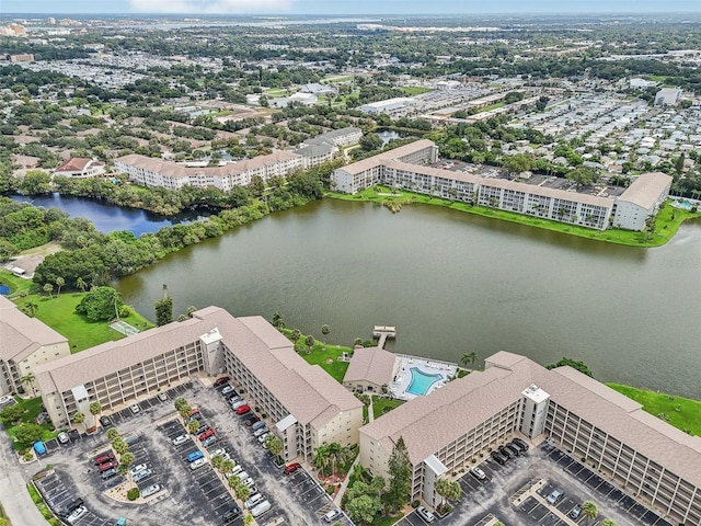 drone / aerial view featuring a water view